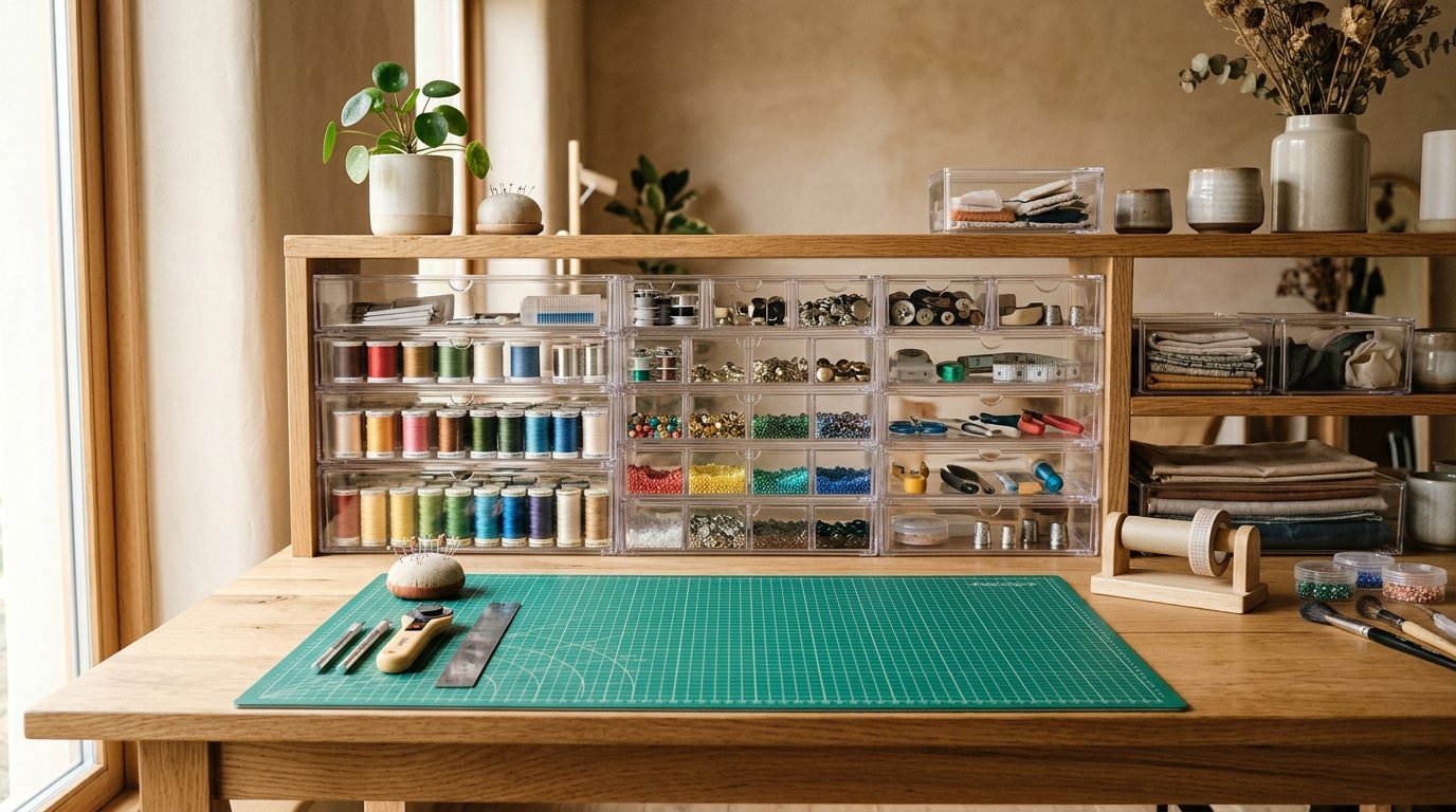 Japanese Hobby and Craft Storage Setup Guide: Clear Drawers and Grid Cutting Mats