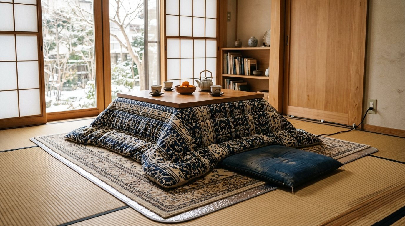 Japanese Kotatsu Winter Heating Setup Guide: Reflective Under-Mats, Futon Covers, and Cord Care